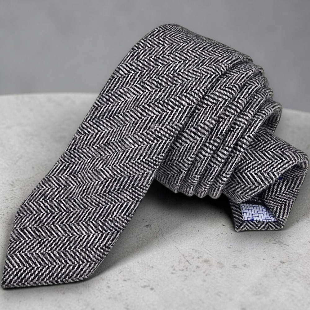Twillory Mens Necktie Gray Black Herringbone Wool Blend Slim Hand Made 59x2.5